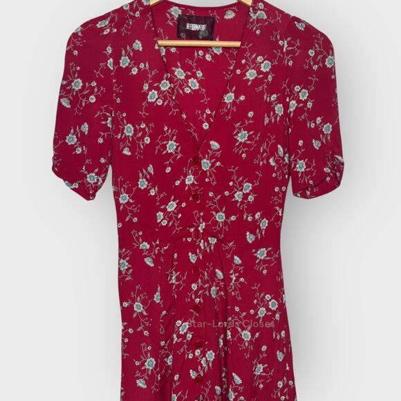 Reformation Floral Mini Dress Fit & Flare Ruched Detail Sleeve Button Down Red 2 - Picture 3 of 7